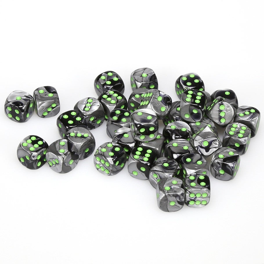 Chessex Gemini™ Black-Grey with Green Pips 12 mm Dice Block (36 dice) content