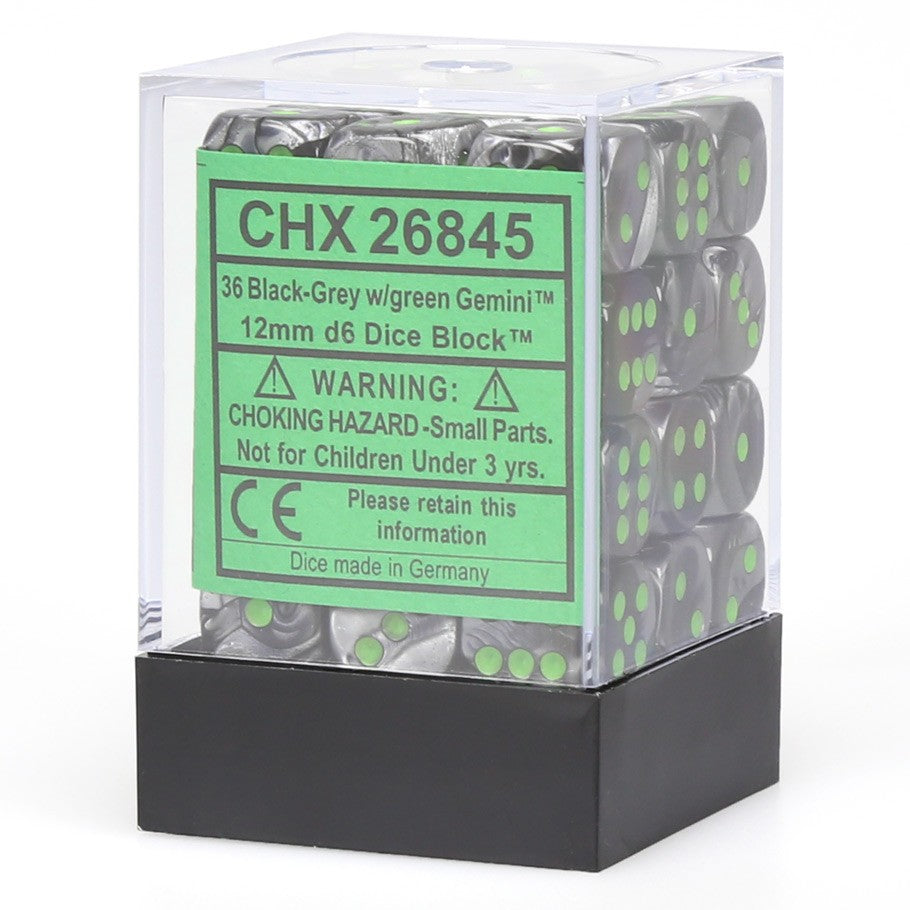 Chessex Gemini™ Black-Grey with Green Pips 12 mm Dice Block (36 dice)