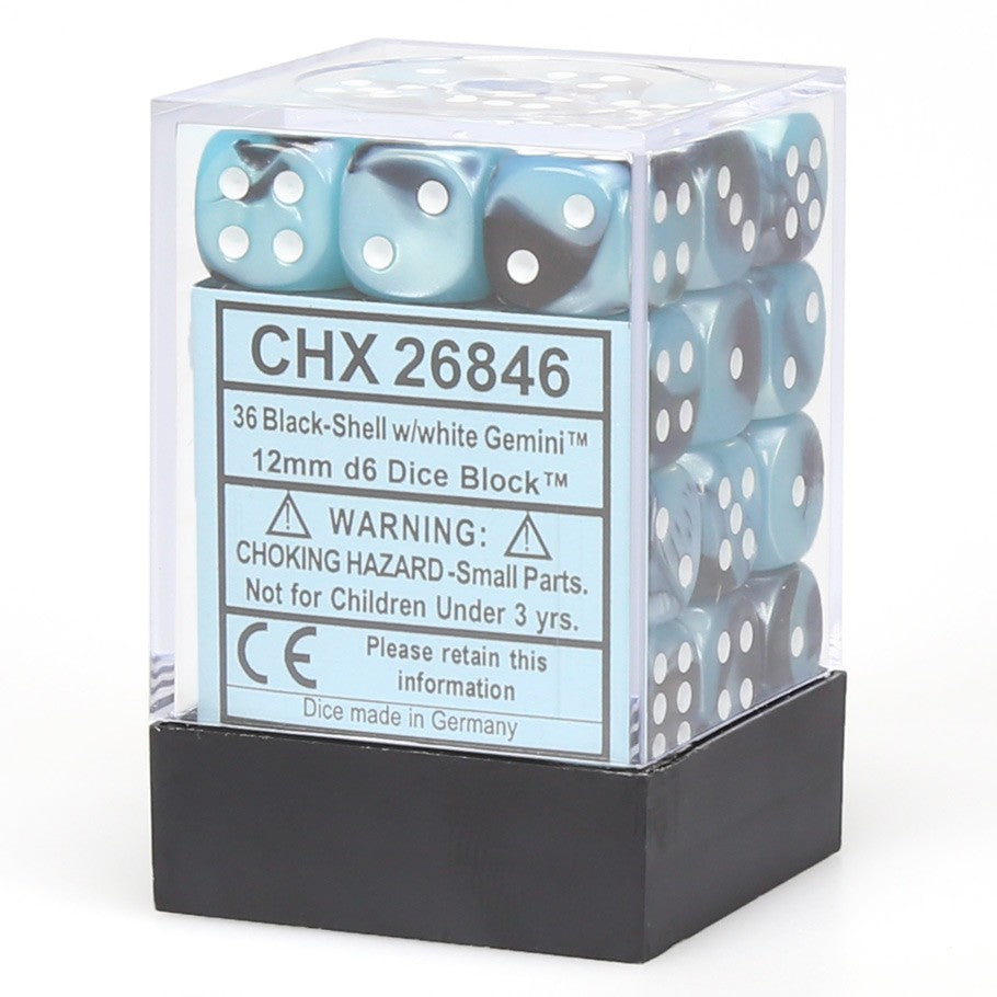 Chessex Gemini™ Black-Shell with White Pips 12 mm Dice Block (36 dice)