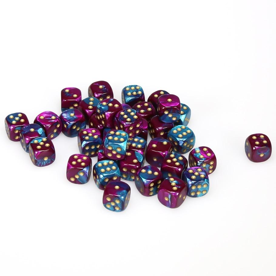 Chessex Gemini™ Purple-Teal with Gold Numbers 12 mm Dice Block (36 dice)