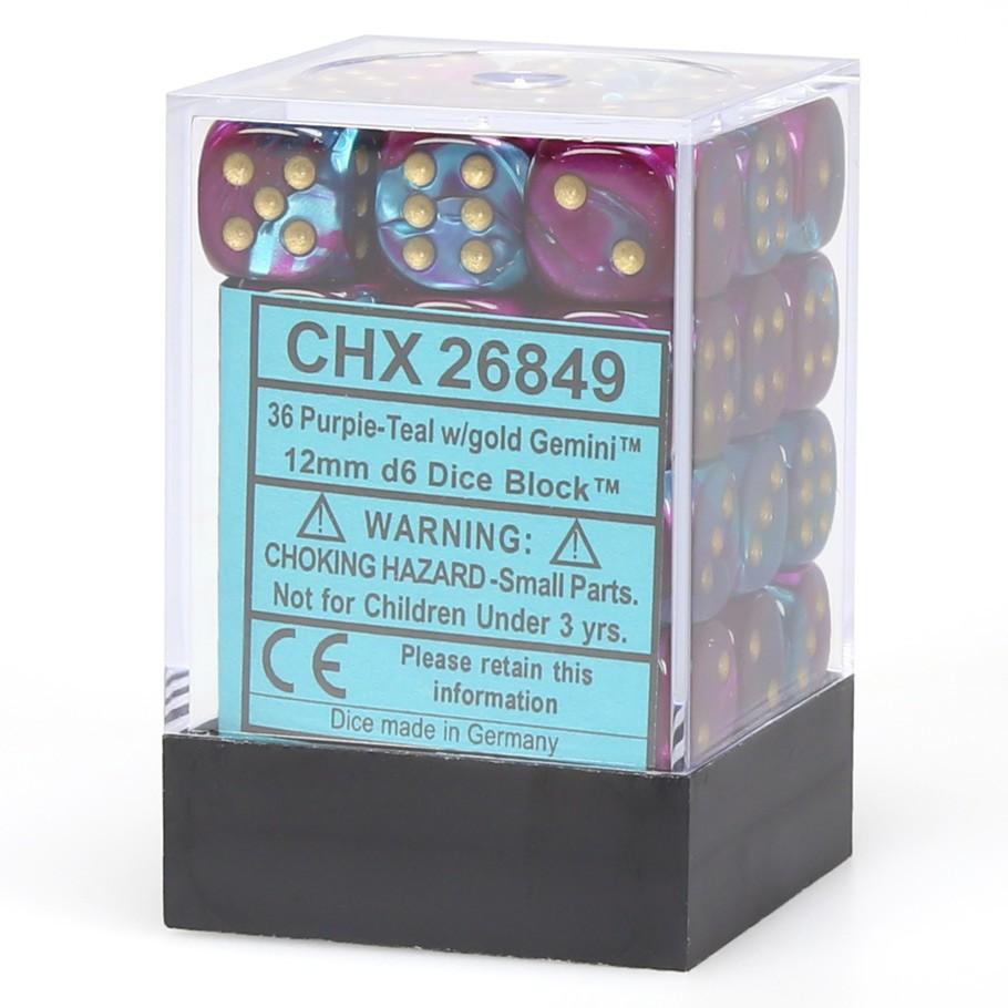 Chessex Gemini™ Purple-Teal with Gold Numbers 12 mm Dice Block (36 dice) in box