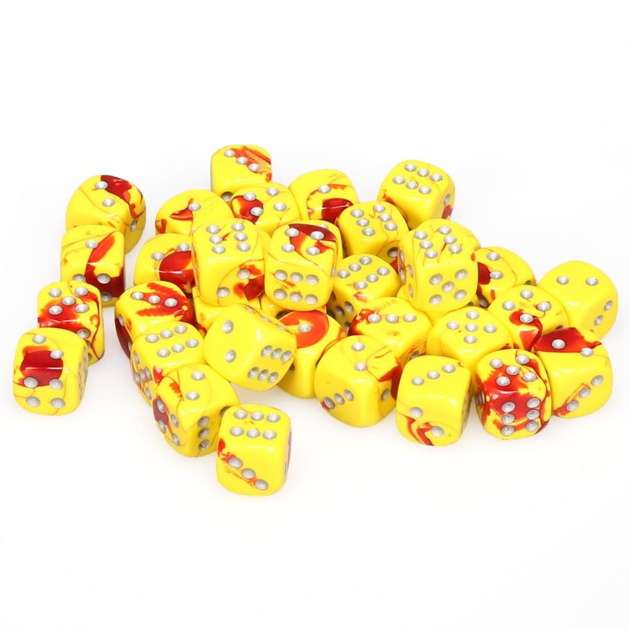 Chessex Gemini™ Red-Yellow with Silver Pips 12 mm Dice Block (36 dice)
