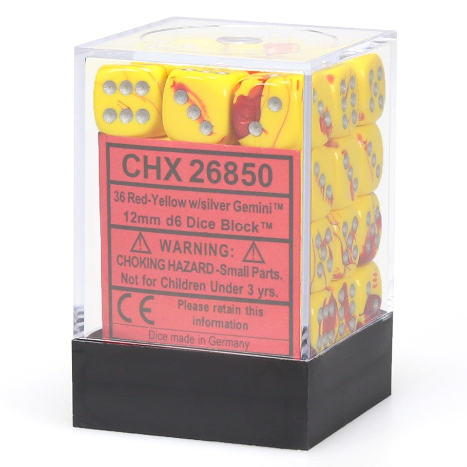 Chessex Gemini™ Red-Yellow with Silver Pips 12 mm Dice Block (36 dice)
