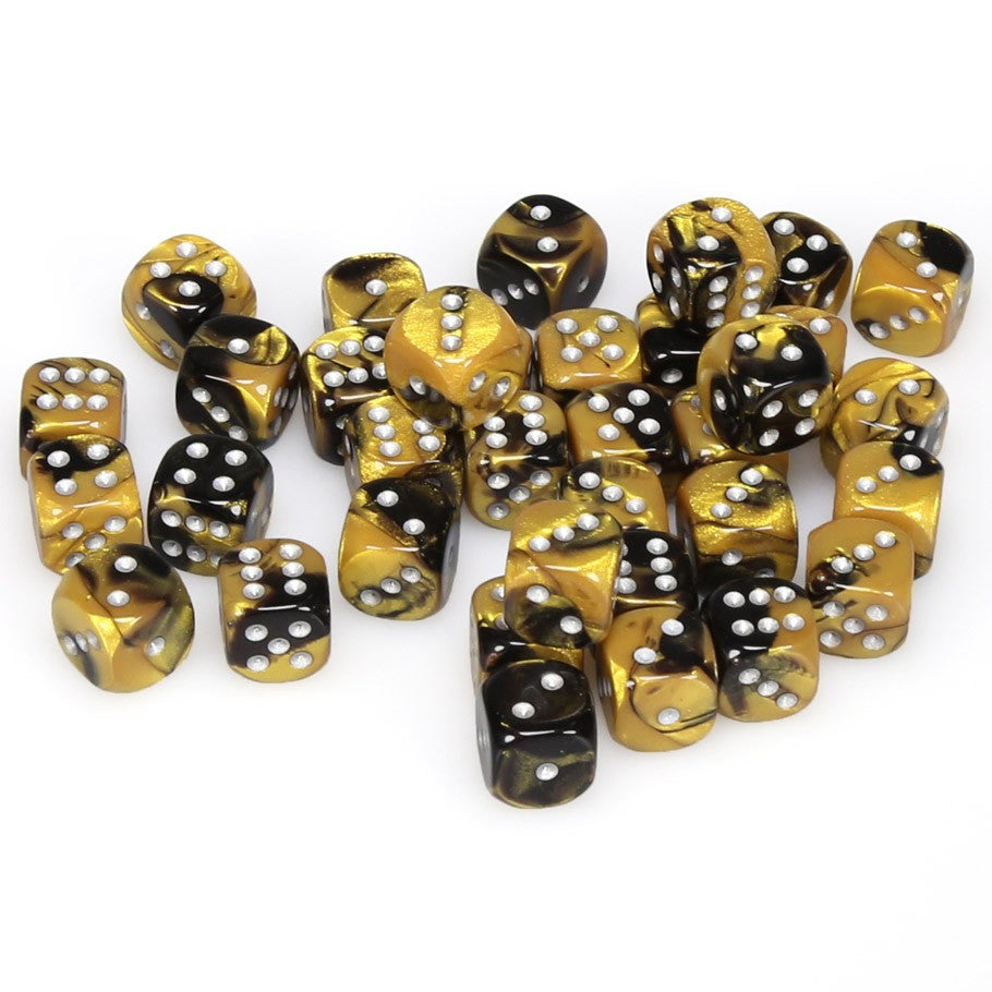 Chessex Gemini™ Black-Gold with Silver Numbers 12 mm Dice Block (36 dice)