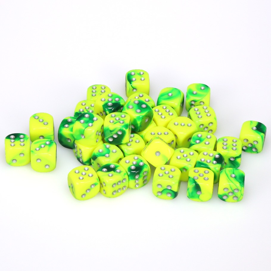Chessex Gemini™ Green-Yellow with Silver Pips 12 mm Dice Block (36 dice)