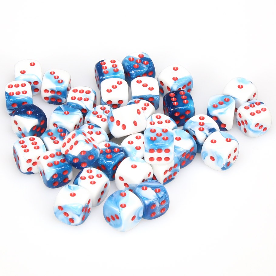 Chessex Gemini™ Astral Blue-White with Red Pips 12 mm Dice Block (36 dice)