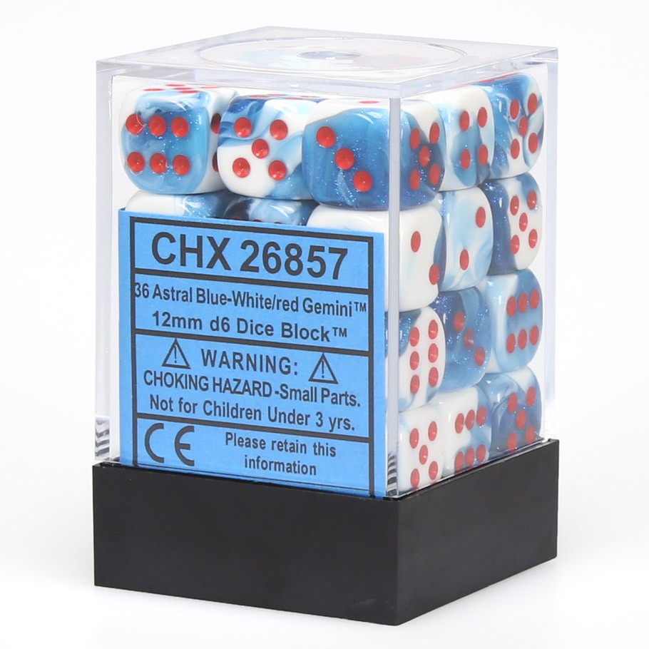 Chessex Gemini™ Astral Blue-White with Red Pips 12 mm Dice Block (36 dice)