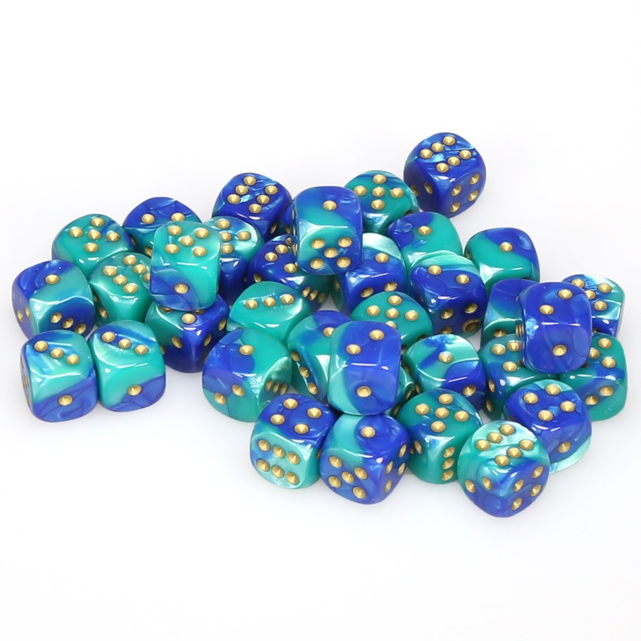 Chessex Gemini™ Blue-Teal with Gold Pips 12 mm Dice Block (36 dice)