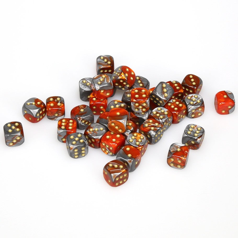 Chessex Gemini™ Orange-Steel with Gold Pips 12 mm Dice Block (36 dice)
