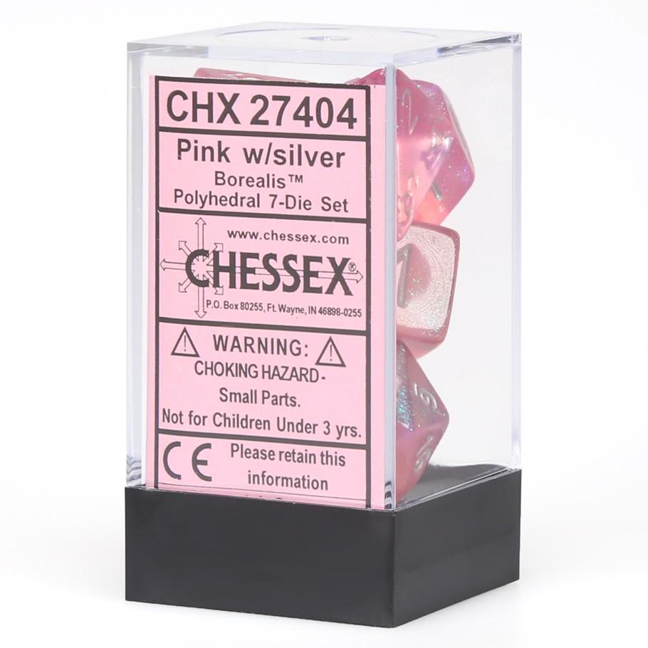 Chessex Borealis™ Pink Polyhedral Dice with Silver Numbers - Set of 7 in box