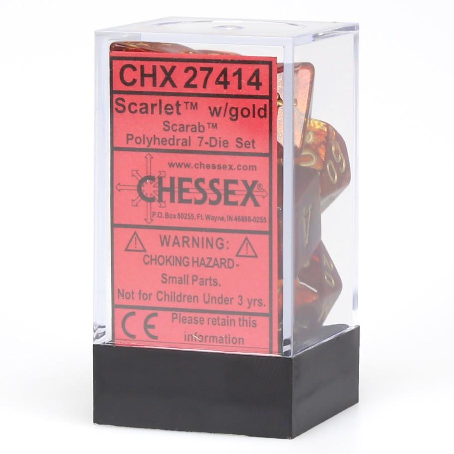 Chessex Scarab™ Scarlet™ Polyhedral Dice with Gold Numbers - Set of 7 in box