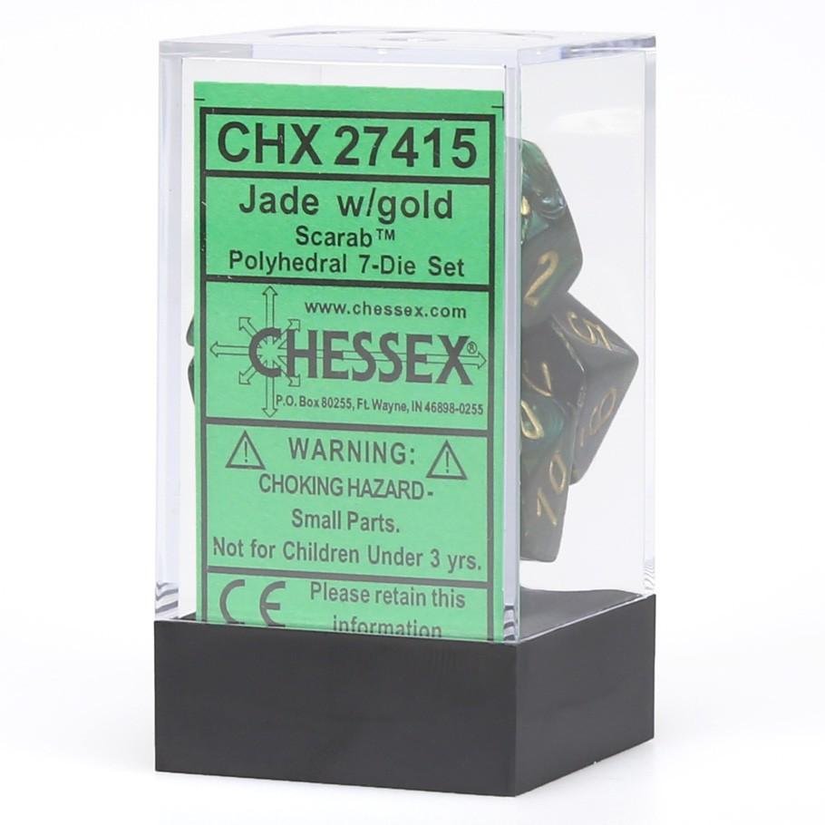 Chessex Scarab™ Jade Polyhedral Dice with Gold Numbers - Set of 7 in box