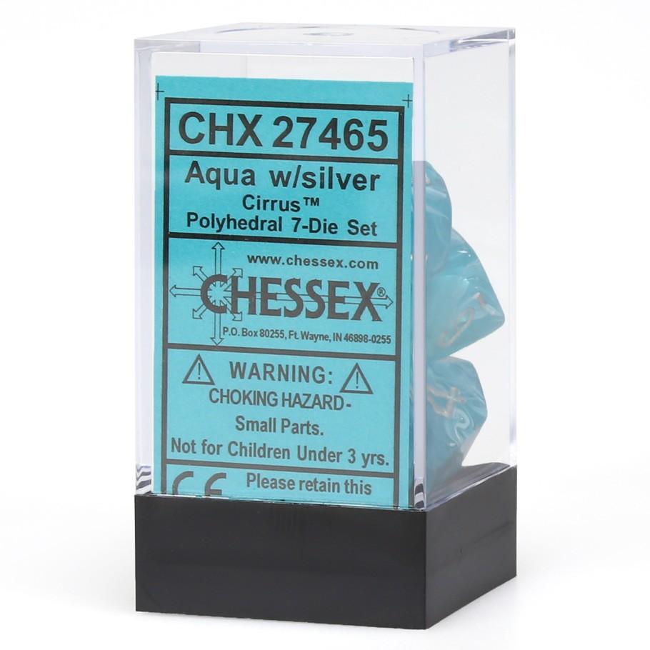 Chessex Cirrus™ Aqua Polyhedral Dice with Silver Numbers - Set of 7 in box
