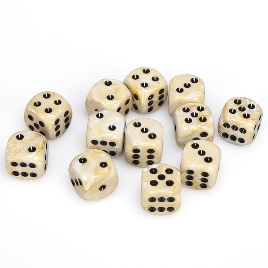 Chessex Marble Ivory with Black Numbers 16 mm Dice Block (12 dice)