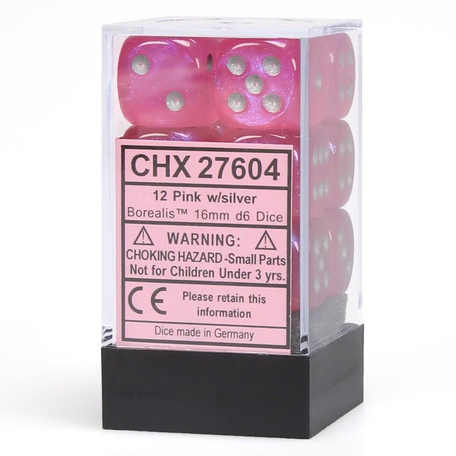 Chessex Borealis™ Pink with Silver Numbers 16 mm d6 Dice Block (12 dice) in box