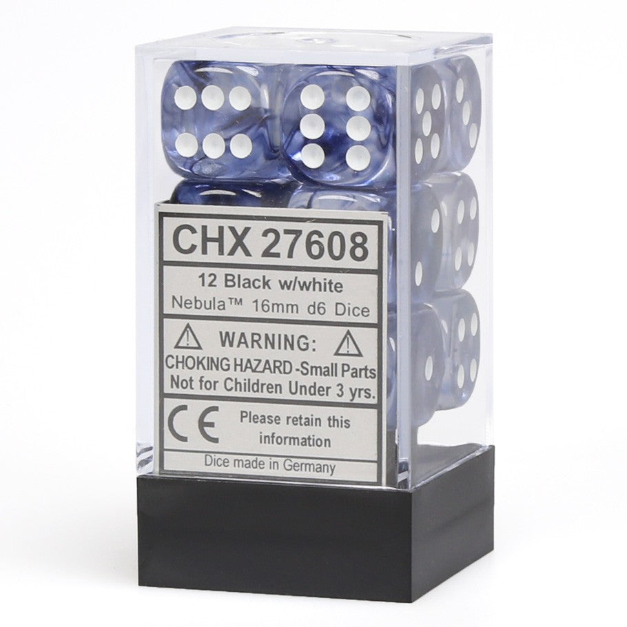 Chessex Nebula Black with White Pips 16mm Dice Block (12 dice)