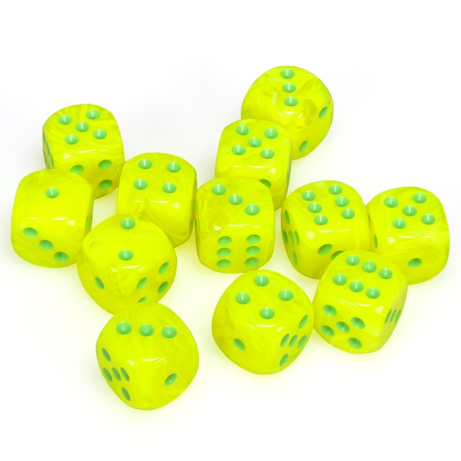 Chessex Vortex™ Electric Yellow with Green Numbers 16 mm Dice Block (12 dice)