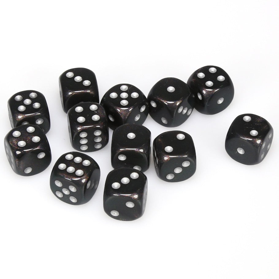 Chessex Borealis™ Smoke with Silver Pips 16mm Dice Block (12 dice)