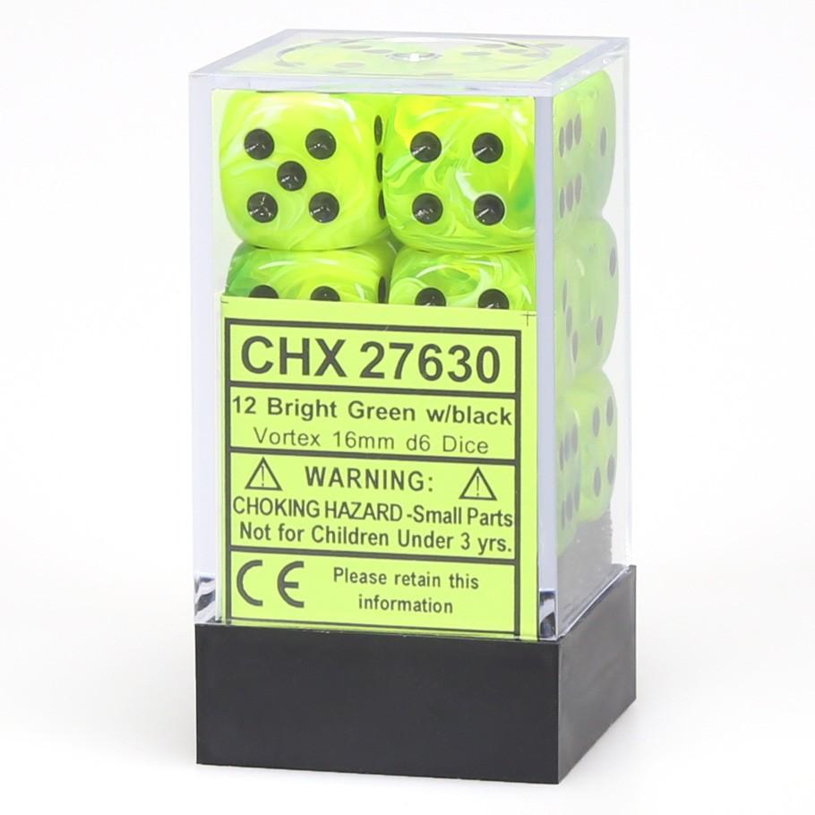 Chessex Vortex™ Bright Green with Black Numbers 16 mm Dice Block (12 dice) in box