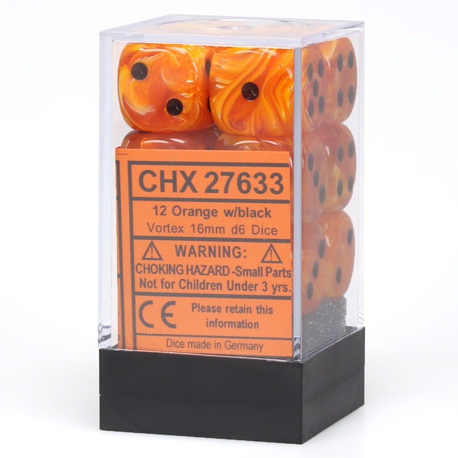 Chessex Vortex™ Orange with Black Numbers 16 mm Dice Block (12 dice)