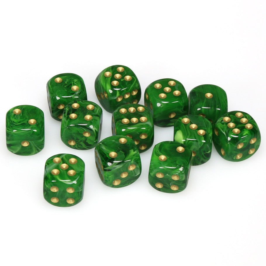 Chessex Vortex™ Green with Gold Numbers 16 mm Dice Block (12 dice)