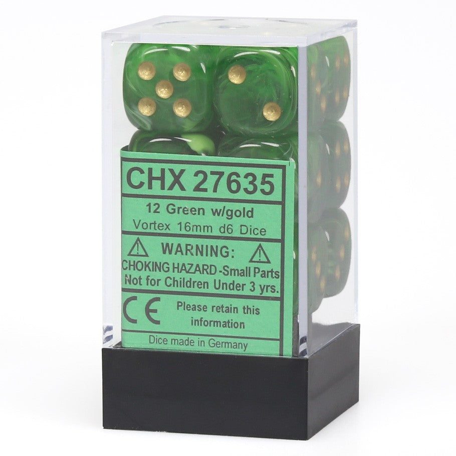 Chessex Vortex™ Green with Gold Numbers 16 mm Dice Block (12 dice)