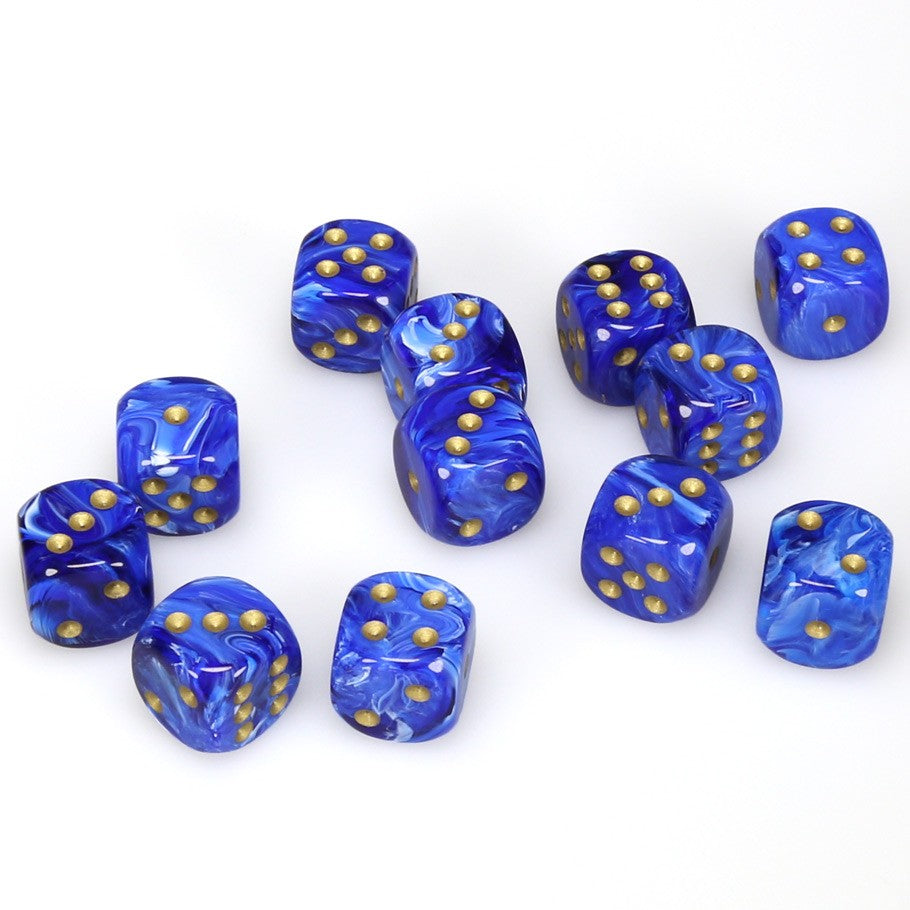 Chessex Vortex Blue with Gold Numbers 16 mm Dice Block (12 dice)