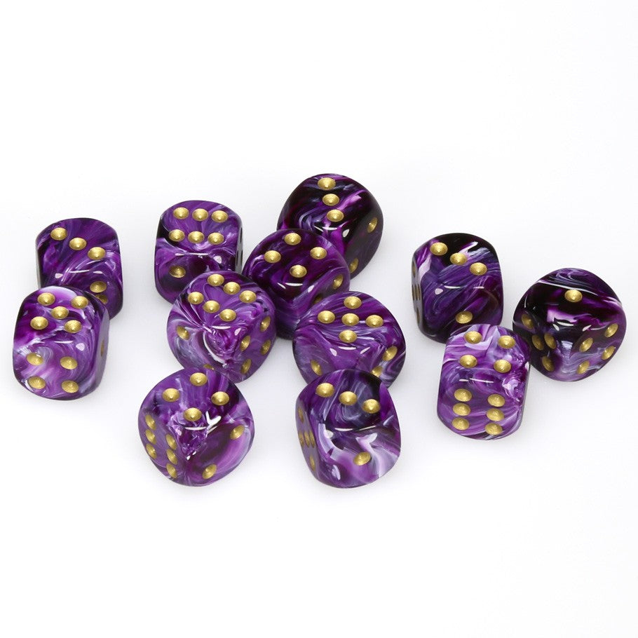 Chessex Vortex™ Purple with Gold Numbers 16 mm Dice Block (12 dice)