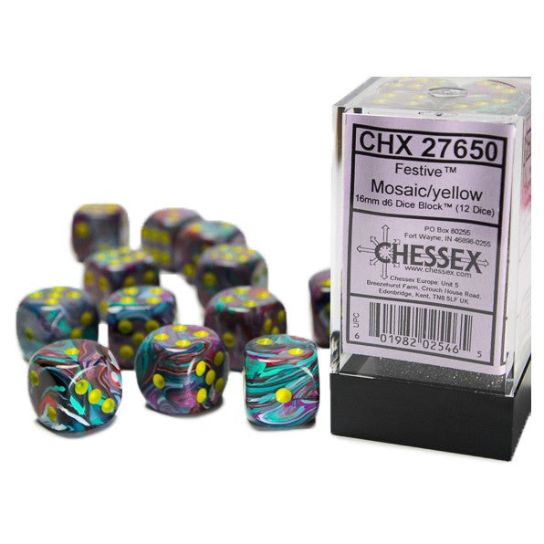 Chessex Festive™ Mosaic with Yellow Pips 16mm Dice Block (12 dice)