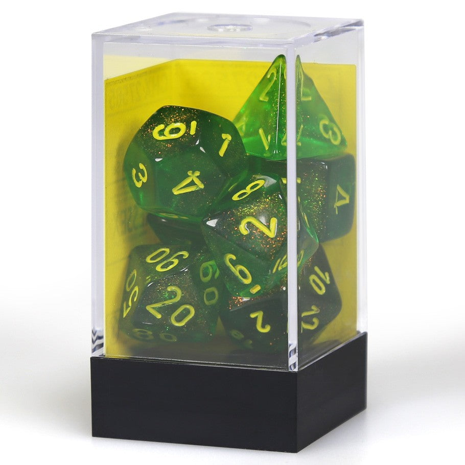 Chessex Borealis™ Maple Green Polyhedral Dice with Yellow Numbers - Set of 7
