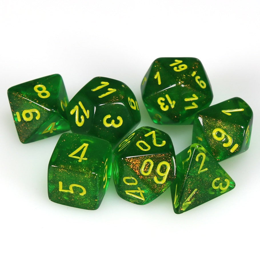 Chessex Borealis™ Maple Green Polyhedral Dice with Yellow Numbers - Set of 7
