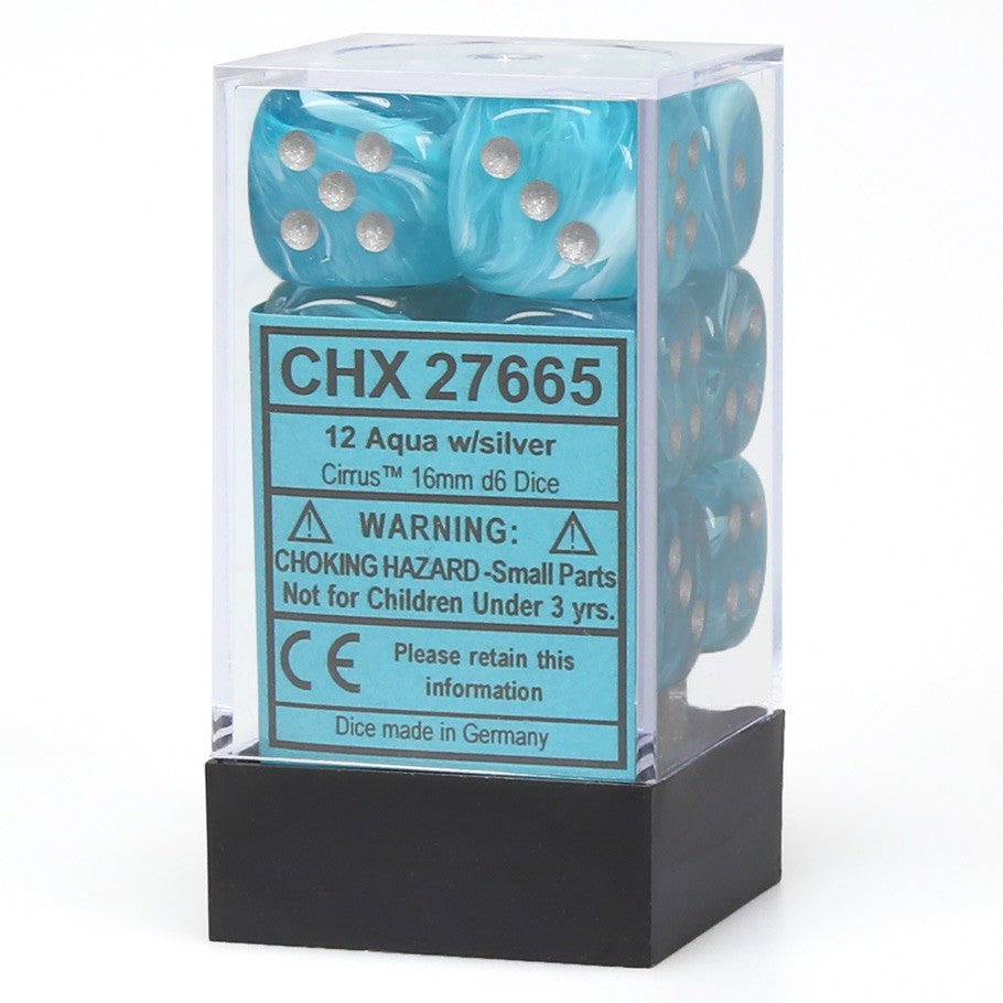 Chessex Cirrus™ Aqua with Silver Pips 16mm Dice Block (12 dice)