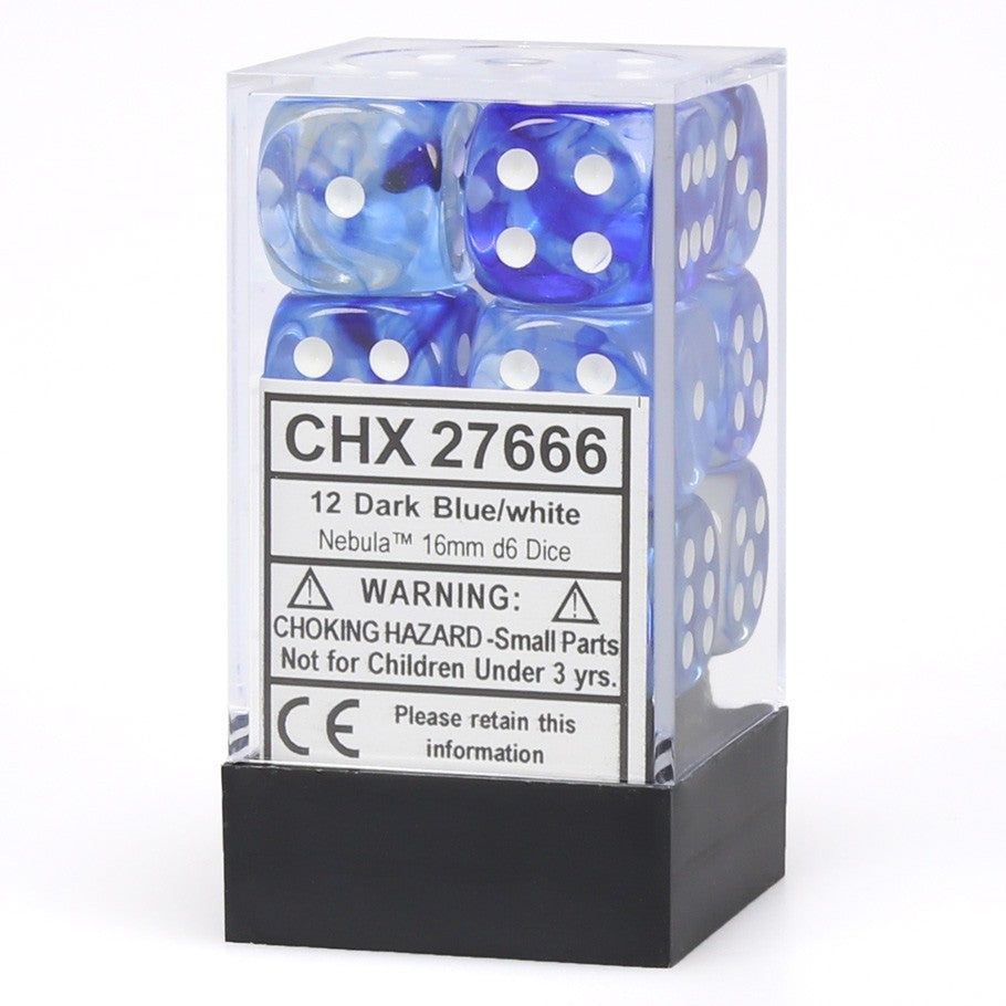 Chessex Nebula Dark Blue with White Pips 16mm Dice Block (12 dice)