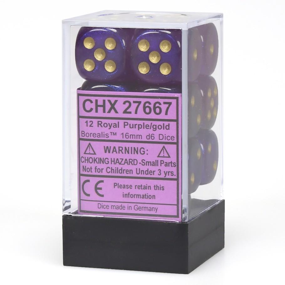 Chessex Borealis™ Roayl Purple with Gold Numbers 16 mm d6 Dice Block (12 dice) in box