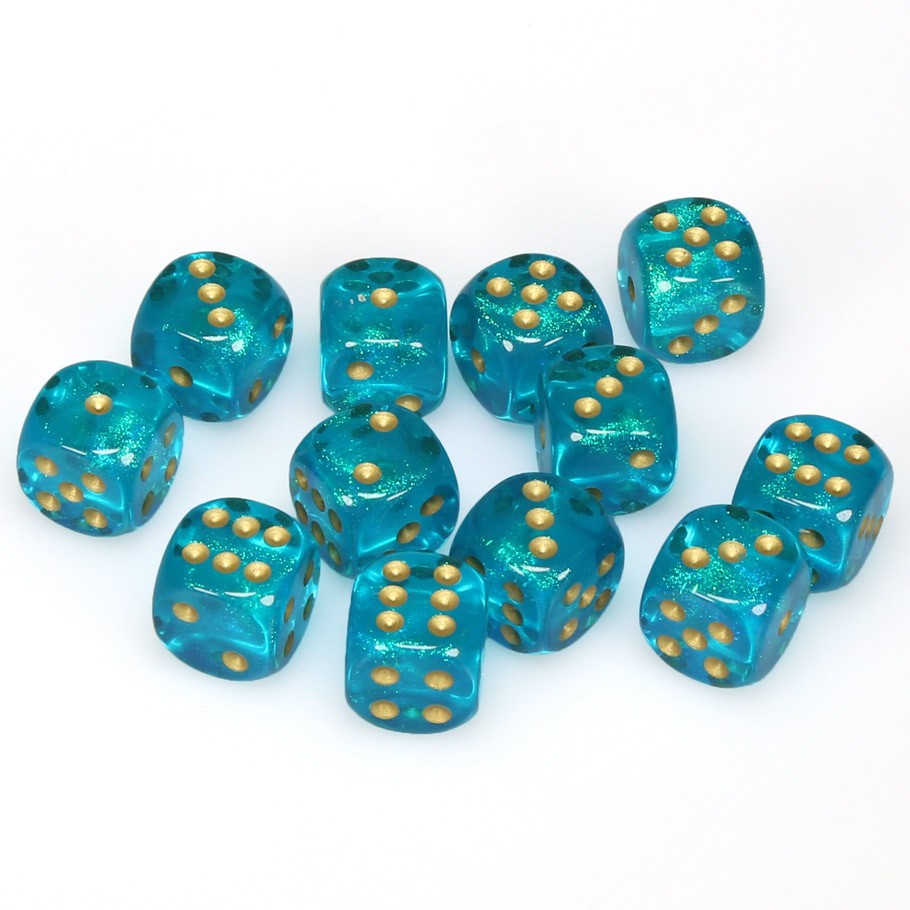 Chessex Borealis™ Teal with Gold Pips 16 mm d6 Dice Block (12 dice)
