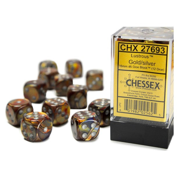 Chessex Lustrous™ Gold with Silver Pips 16mm Dice Block (12 dice)
