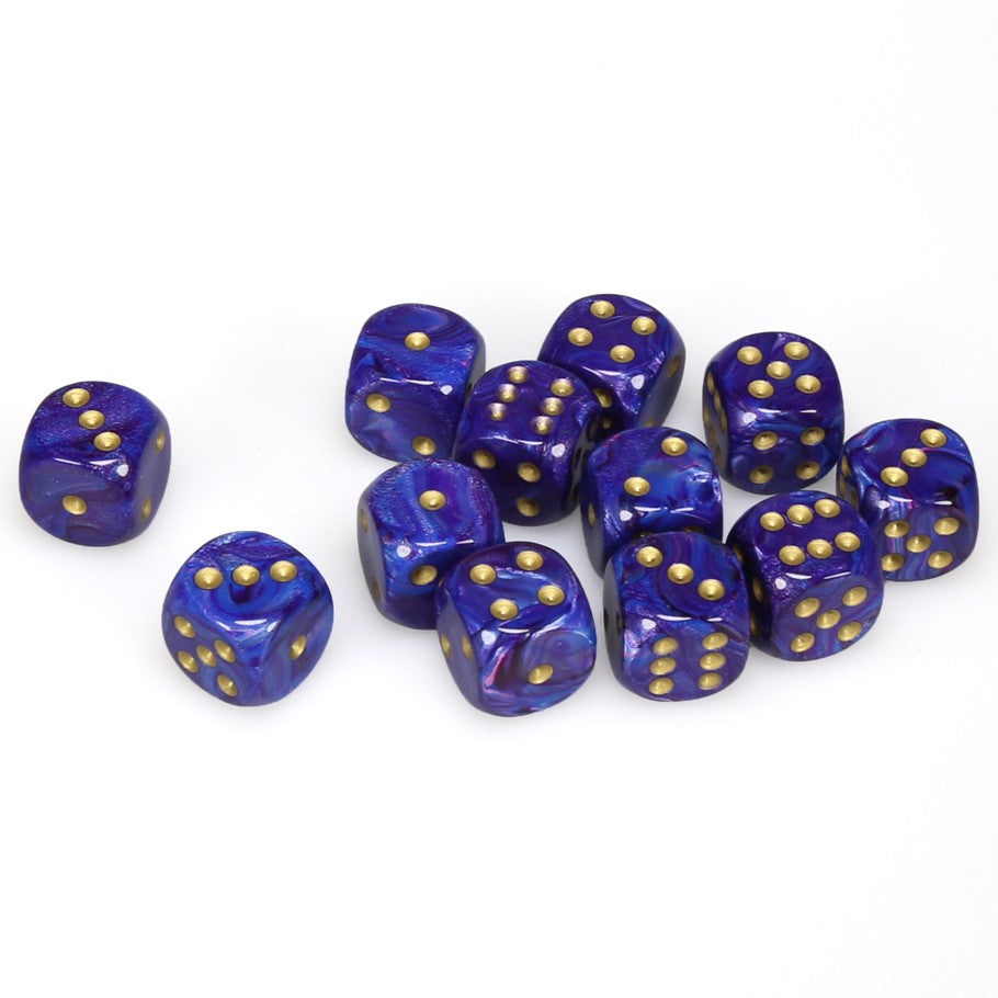 Chessex Lustrous™ Purple with Gold Pips 16mm Dice Block (12 dice)