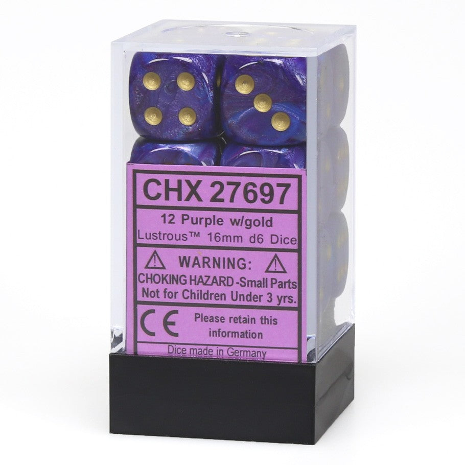 Chessex Lustrous™ Purple with Gold Pips 16mm Dice Block (12 dice)