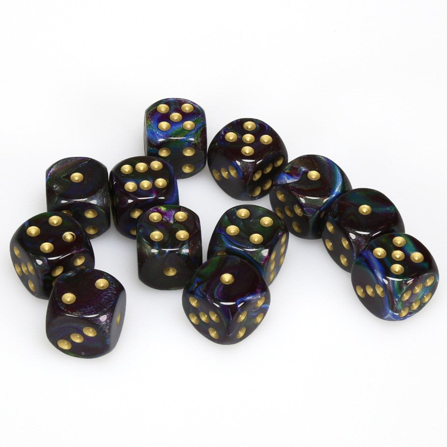 Chessex Lustrous™ Shadow with Gold Pips 16mm Dice Block (12 dice)