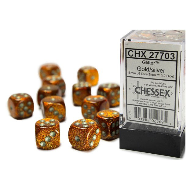 Chessex Glitter Gold 16 mm with Silver Numbers D6 Dice Block (12 dice)