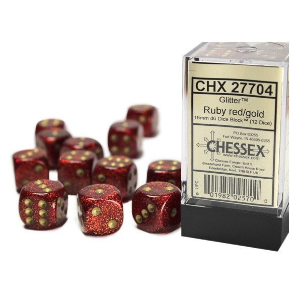 Chessex Glitter Ruby 16 mm with Gold Numbers D6 Dice Block (12 dice)