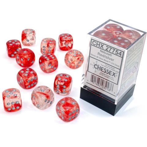 Chessex Nebula Red Luminary with Silver Pips 16mm Dice Block (12 dice)