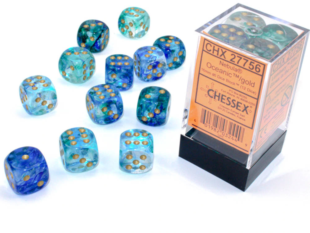Chessex Nebula Oceanic Luminary with Gold Pips 16mm Dice Block (12 dice)