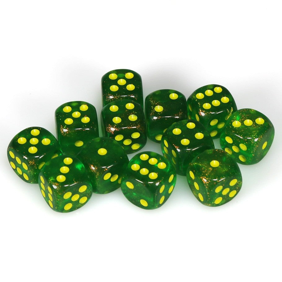 Chessex Borealis™ Maple Green with Yellow Numbers 16 mm d6 Dice Block (12 dice)