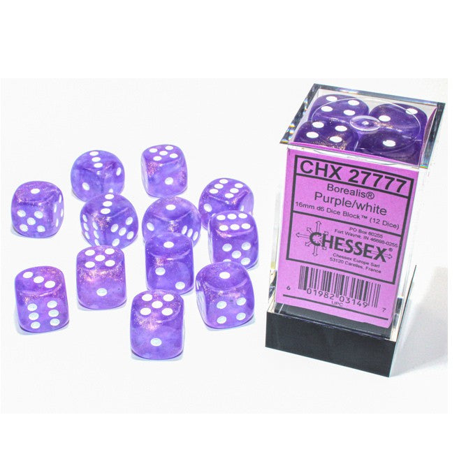 Chessex Borealis™ Purple with White Numbers 16 mm d6 Dice Block (12 dice)
