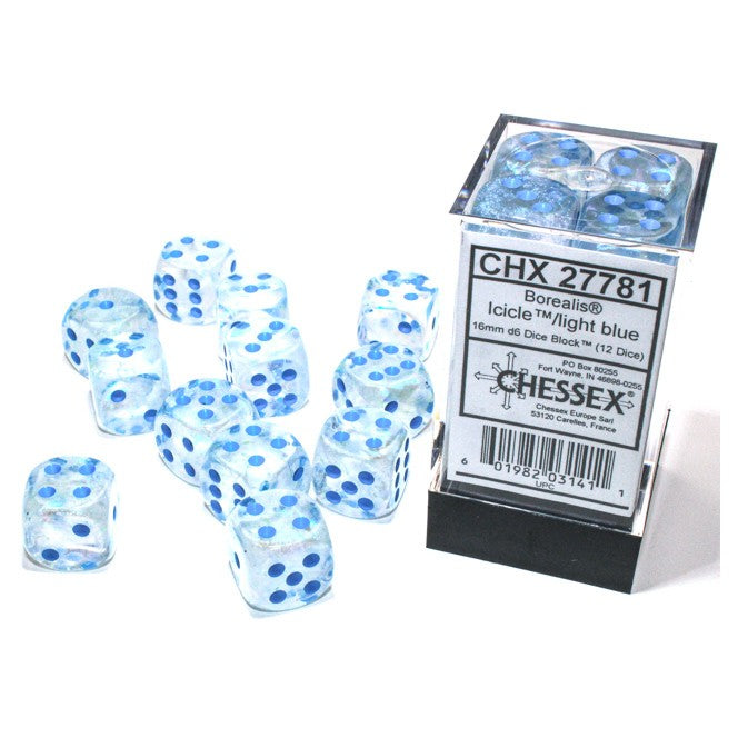 Chessex Borealis™ Icicle with Light Blue Numbers 16 mm d6 Dice Block (12 dice)
