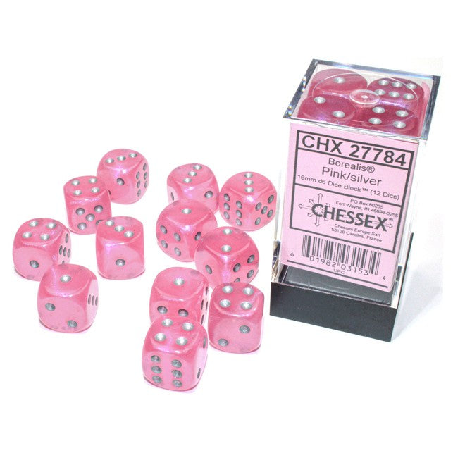 Chessex Borealis™ Pink with Silver Numbers 16 mm d6 Dice Block (12 dice)