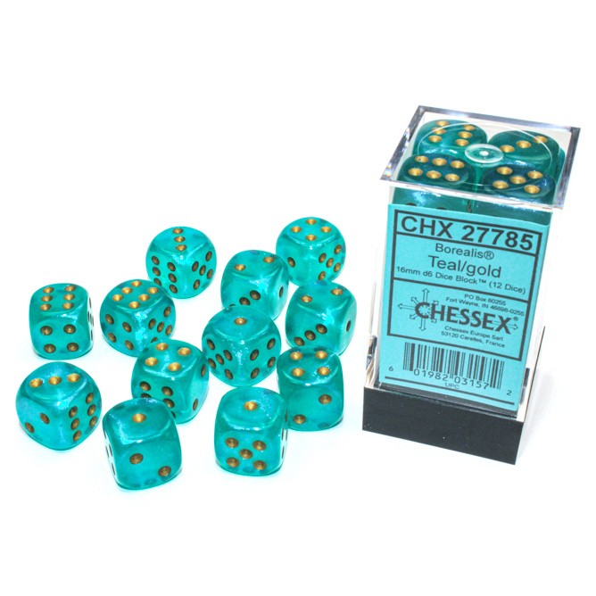 Chessex Borealis™ Teal with Gold Numbers 16 mm d6 Dice Block (12 dice)