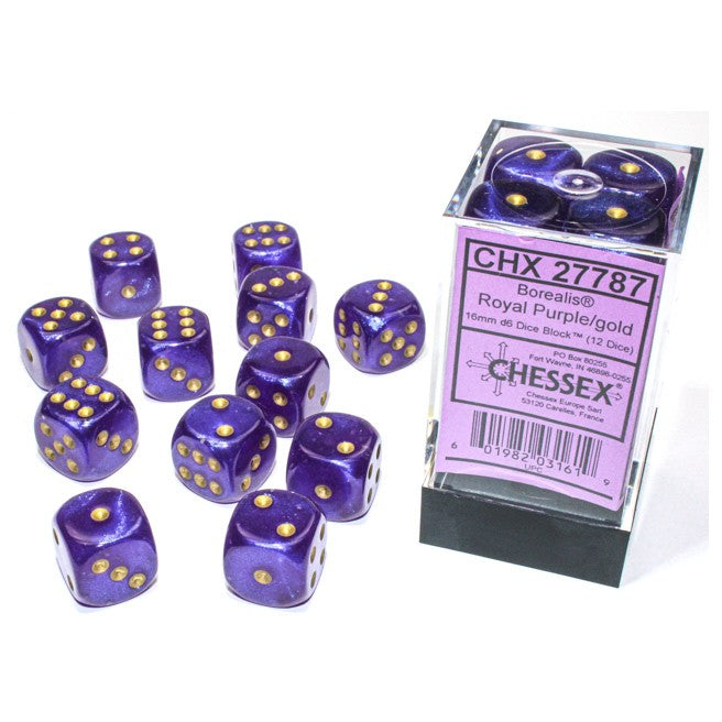 Chessex Borealis™ Royal Purple with Gold Numbers 16 mm d6 Dice Block (12 dice)