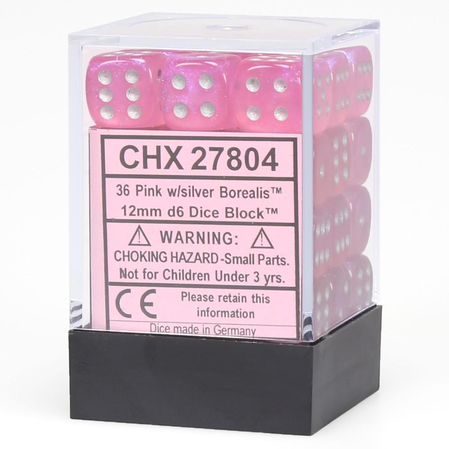 Chessex Borealis™ Pink with Silver Numbers 12 mm Dice Block (36 dice) in box